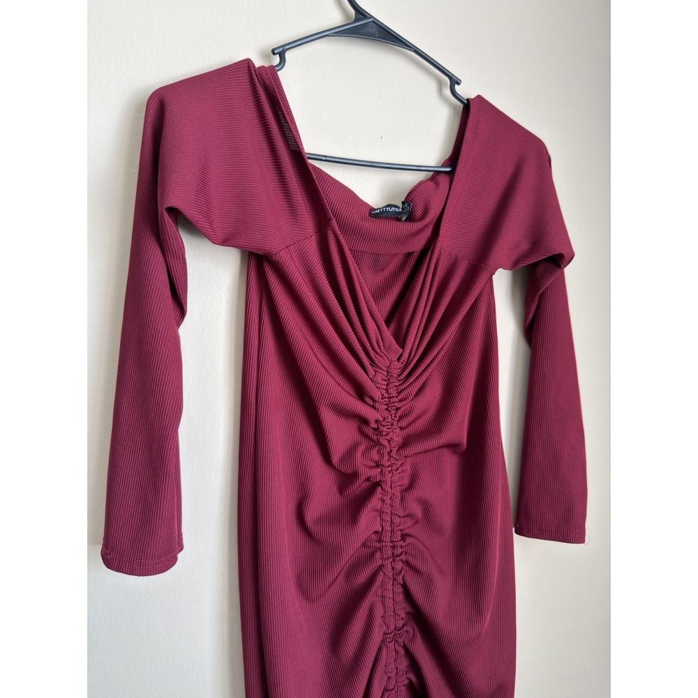 PrettyLittleThing Burgundy Ribbed Off Shoulder Ruched Drawstring Midi Dress S 10 - Picture 3 of 10